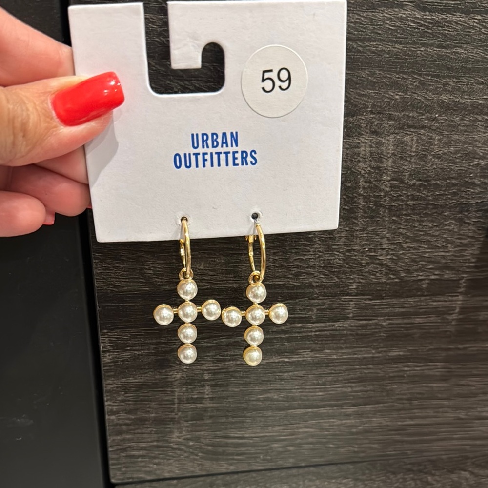 Urban Outfitters NWT Gold Pearl Cross Earrings